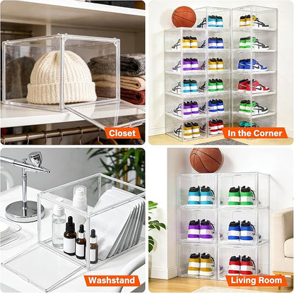 12 Pack Acrylic Shoe Organizer, Drop Front Shoe Boxes Fit US Size 13, Clear Stackable Hat Organizer Case for Closet, Entryway, Underbed, Multiple Display Cases for Hats, Figures, Sneakers
