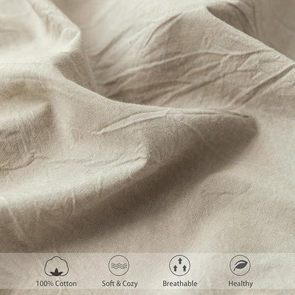 MooMee Fitted Bottom Sheet Only 100% Washed Cotton Linen Like Textured Breathable Durable Soft Comfy Deep Pocket Fits Mattress up to 17" (Tannish Linen Grey, King)