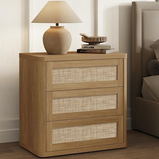 SICOTAS 26.8" Oversized Night Stand for Bedroom & Guest Room, Large 3-Drawer Rattan Nightstand, Boho Bedside Table End Table Storage Cabinet with Kid-Safe Rounded Edges & Push-Close Design, Amber Oak
