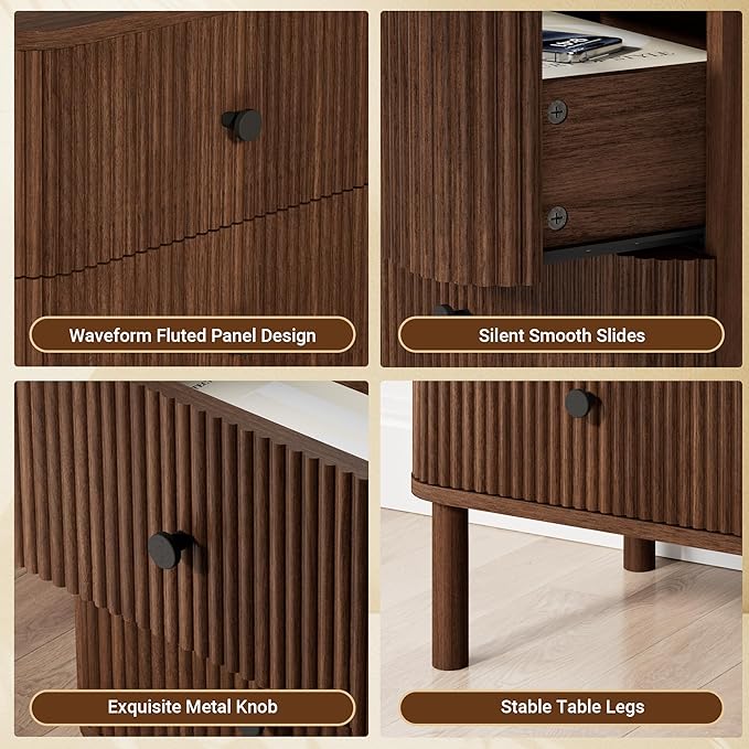Night Stand with Charging Station, 24" Large Fluted Nightstand with Rounded Corners & Solid Wood Legs, 2 Drawers End Table with Storage, Mid Century Modern Bedside Table for Bedroom, Walnut