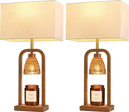 PoKat Farmhouse Table Lamps with Candle Warmer & Timer for Bedroom, Wood-Like Bedside Lamps Set of 2 for Night Stands, 21.5'' Bedroom Lamps Decor for Living Room, Corded Eletric, No Battery