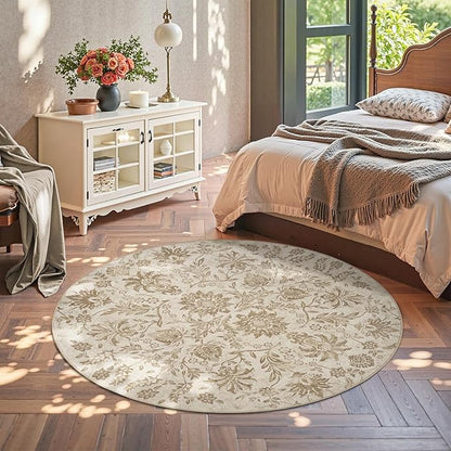 jinchan Torino Classic Floral Round Rug 6ft, Vintage-Inspired Neutral Design 6’Circle Rug, Machine Washable Ultra-Thin Low-Pile Non-Slip Indoor Carpet for Bedroom Living Room Entryway, Taupe
