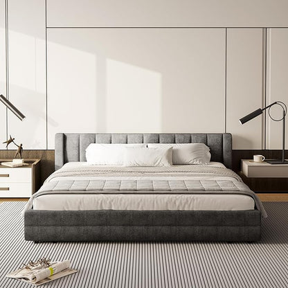 DEINPPA King Size Bed Frame with 4 Storage Drawers and Cloud Soft Headboard, Chenille Upholstered Grounded Wood Base Bed Frame, No Box Spring Needed-Dark Grey