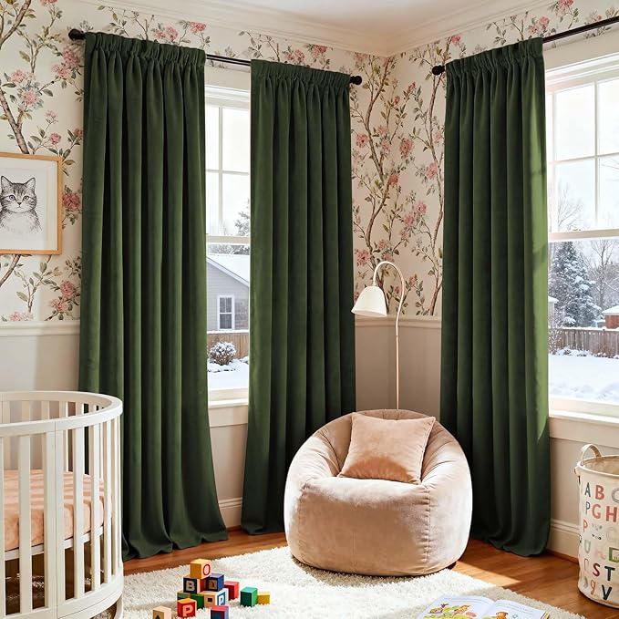 Lazzzy Velvet Blackout Curtains Thermal Insulated Room Window Drapes Super Soft Luxury Curtains for Living Room Bedroom Rod Pocket 2 Panels, Moss, 52" W x 108" L
