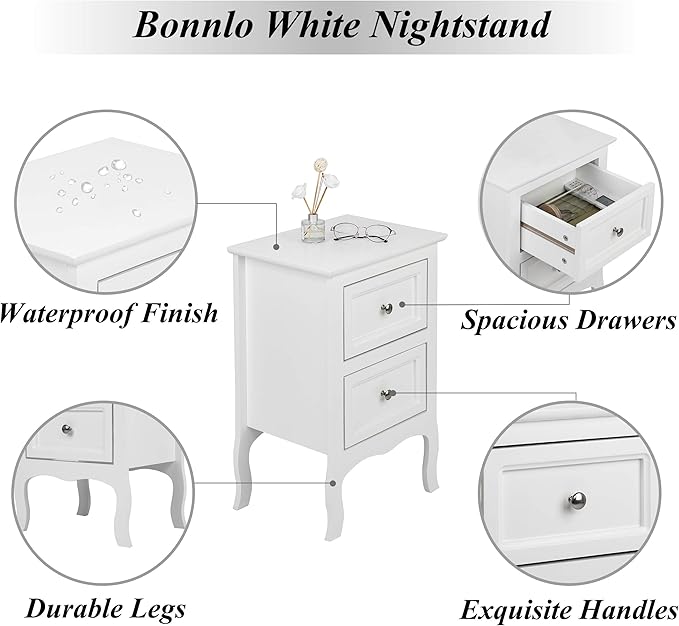 Bonnlo White Nightstand Set of 2, Nightstands with 2 Drawers, Bed Side Table/Night Stand, Small Nightstand for Bedroom, Small Spaces, College Dorm, Kids’ Room, Living Room, Wood, 16W x 12D x 24H