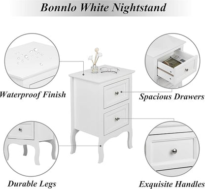 Bonnlo White Nightstand Set of 2, Nightstands with 2 Drawers, Bed Side Table/Night Stand, Small Nightstand for Bedroom, Small Spaces, College Dorm, Kids’ Room, Living Room, Wood, 16W x 12D x 24H