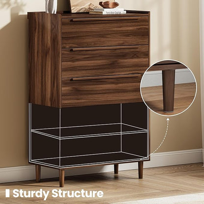 48" Tall Walnut Dresser for Bedroom, Mid-Century Modern 5 Drawer Chest of Drawers with Natural Wood Grain, Slim Vertical Storage Cabinet with Raised Edge Top, Anti-Tip Kit