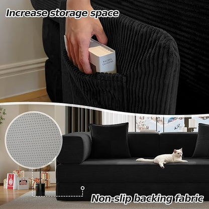 78.8" Convertible Sofa Bed,Corduroy Futon Couch with Storage Pocket,Folding Pull Out Futon Sofa, No Assembly Boneless Couch for Living Room,Black