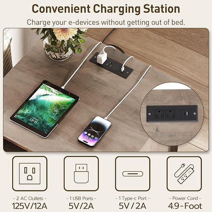 Farmhouse Fluted End Table with Charging Station, 24'' Sofa Side Table with 2 Drawers, Farmhouse Bedside Table with Storage, Large Nightstand for Bedroom, Living Room, Greige