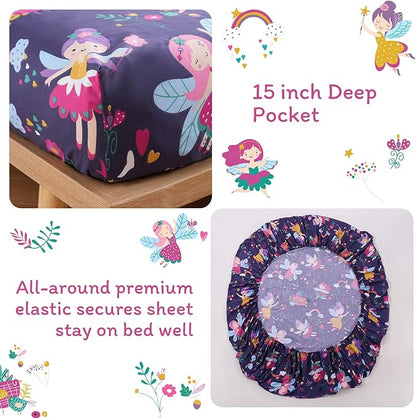 JSD Purple Fairy Kids Sheet Set Twin Size, 3 Piece Girls Floral Printed Microfiber Sheets Deep Pocket