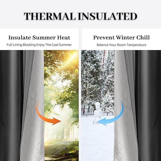 3-in-1 100% Blackout Curtains 90 Inches Long, Thermal Insulation, Soundproof Back Tab Drapes for Bedroom Living Room Sliding Glass Door, with Pin Hooks, Grey 50x90Inch 1 Panel
