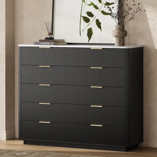 Fluted Drawers Dresser for Bedroom with 10 Drawers, 42'' Wide Mid Century Dressers with Faux Marble Top & Metal Handle, Wooden Chest of Drawers TV Stand, Natural Wood Closet Storage Organizer,Black