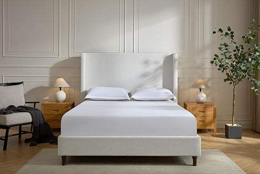 Upholstered Bed Frame with 54'' Nail Head Decorative Wing Back,Hand Buttoned Tufting Headboard Platform Bed Frame with Wooden Slats,No Box Spring Needed (Cream White, Queen)