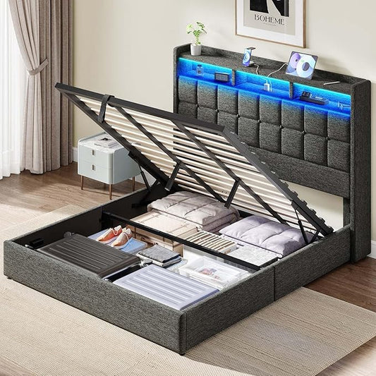 Lift Up King Size Bed Frame with Storage, Upholstered King Bed Frame with Charging Station and LED Lights Headboard, No Box Spring Needed, Easy Assembly - Dark Grey