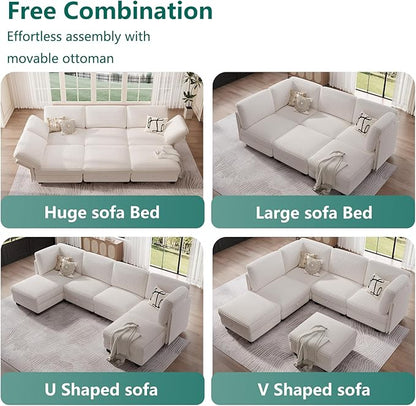 Modular Sectional Sofa with Adjustable Backrest, Convertible L/U-Shaped Sleeper Couch for Living Room, Cloud Sofa Bed Modern Reversible Design, White