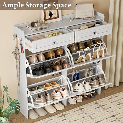 Shoe Storage Cabinet for Entryway, Farmhouse Wide Shoe Cabinet with 4 Flip Drawers and 2 Top Drawers, Freestanding Organizer with Adjustable Shelves, Hooks, and Anti-Tip Kit for Hallway