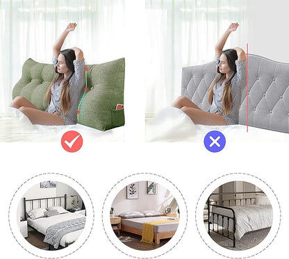homecozy Wedge Headboard Pillow Dorm Room Reading Pillow Back Support for Sitting Up in Bed Bolster Lumbar Cushion Body Positioning Bedrest Cotton Linen 39in Grass Green Twin