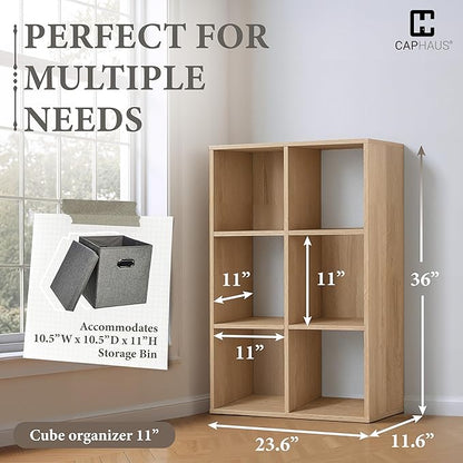 CAPHAUS Sturdy Room 11-Inch Cube Storage Organizer Shelf, with Thick Exterior Edge, Storage Shelf Divider w/Back, Bookcase, 6-Cube, Natural Oak