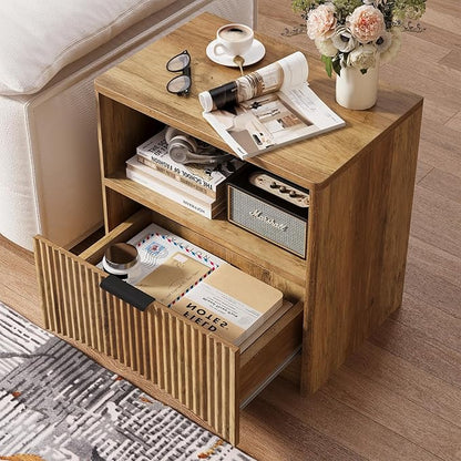 Fluted Nightstand Set of 2, MCM Mid Century Modern Bedside Tables with Drawer and Open Shelf, Minimalist Wood Bedside Table Fluted End Tables for Bedroom, Walnut