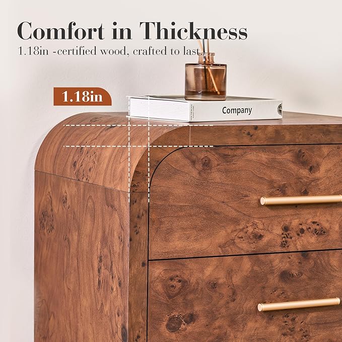 Farmhouse Nightstand, 23.5" Curved Modern Night Stand with 3-Drawer, Bedside Table, End Table for Bedroom, Storage Cabinet for Living Room Home Office Entryway, Dark Burl