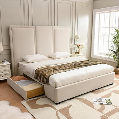 YUHUASHI King Size Bed Frame with 64-inch High Headboard, Simple and Airy Linen Upholstered Platform Bed with Storage Drawers, Wood Slat, No Noise (Beige, King)