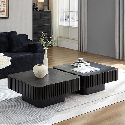LKTART Square Coffee Table for Living Room, Accent Fluted Coffee Table with Storage, Modern Solid Wood Veneered Large Center Tea Table for Small Space Apartment (31.5''D×14''H-Black)