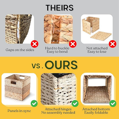 13x13x13 Storage Cube Bins Wicker Storage Basket for Cube Shelf, Natural Foldable Square Baskets for Storage, Large Woven Cube Storage Bin with Handle, Baskets for Pantry, Bedroom Set of 4