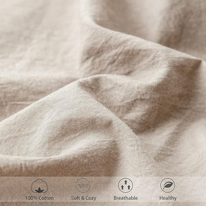 MooMee Fitted Bottom Sheet Only 100% Washed Cotton Linen Like Textured Breathable Durable Soft Comfy Deep Pocket Fits Mattress up to 17" (Taupe, Twin)