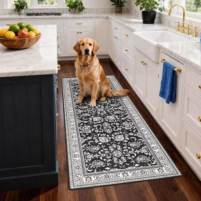 2x3 Washable Area Rug for Entryway：Soft Traditional Printed Area Rug Non-Slip Kitchen Rugs Low-Pile Medallion Indoor Door Mat Small Farmhouse Carpet for Entrance Foyer Bedside Black White 2x3