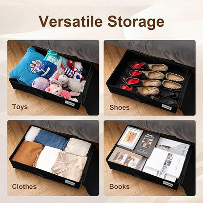 Under Bed Storage with Wheels, 2 Pack Under Bed Storage Containers with Label Holders for Clothes, Shoes and Blankets, Rolling Underbed Shoe Organizer with Cover, Black (23.6 x 15.7 x 7.28 in)