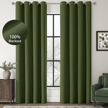 ChrisDowa 100% Blackout Olive Green Solid Curtains 90 Inches Long 2 Panels for Bedroom Living Room,Farmhouse Room Darkening Thermal Insulated Soundproof Grommet Top Window Treatment Drapes,52x90