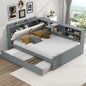 Ball & Cast Full Size Wooden Storage Daybed Frame, Modern Platform Bed with Trundle & Flip Headboard & Shelves, L Shaped Full Floor-Bed w/Upholstered Headboard&Storage, No Box Spring Needed, Gray