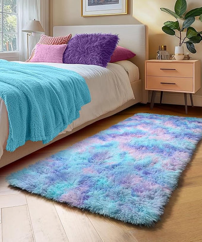 PAGISOFE Furry Rainbow Rugs for Bedroom Girls, 2x4 Soft Purple Shag Tent Rugs for Livingroom, Bedside, Kids Room, Nursery, Home Decor, Fluffy Fuzzy Carpet Plush Mermaid Kawaii Throw Rug Pink Rug