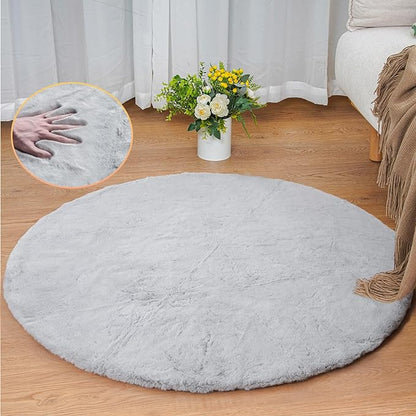 Round Furry Rugs for Living Room Faux Rabbit Fluffy Fur Rug for Bedroom Washable Area Rugs Boho Circle Rug Grey Shag Rug 4ft