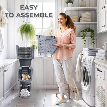 TidyFriend 4 Tier Stackable Storage Bins for Pantry with Wheels, Stackable Bins for Organizing Food, Kitchen, and Bathroom Essentials (Grey)