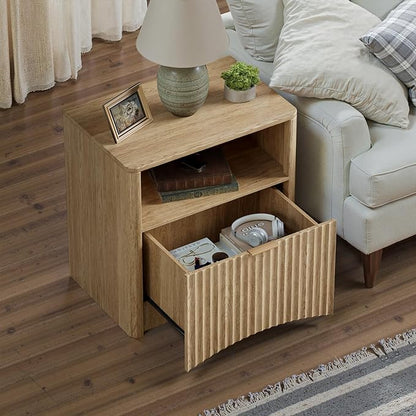 Evermagin Fluted Nightstand, Natural Oak Bedside Table with Drawer and Storage, Wood End Table Mid Century Modern, Large Night Stand for Bedroom