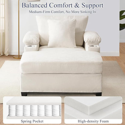 SUNWAVE 58" Chaise Lounge Chair with Ottoman, Chenille Fabric Sofa Bed, Accent Chair with Cupholders & USB Charging Ports for Living Room, Bedroom, Apartment (1 Chaise Ivory)