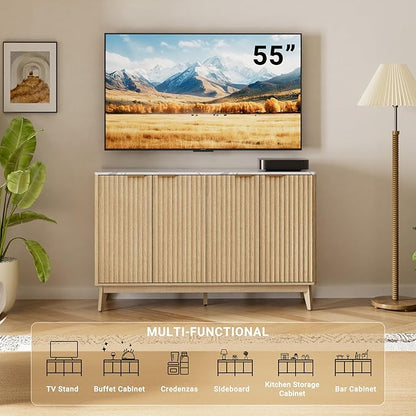 Sideboard Cabinet, 55'' Buffet Cabinet with Faux Marble Top & Adjustable Shelf, Modern Fluted Storage Cabinet, Accent Credenza Sideboard for Kitchen, Living Room, Entryway