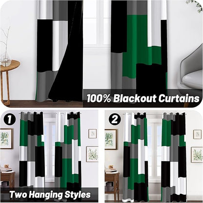 Green Blackout Curtains for Bedroom 63 inch Long 2 Panels Set Black Grey White Modern Abstract Geometric Black Out Curtains Insulated Room Darkening Window Drapes for Living Room, 52Wx63L