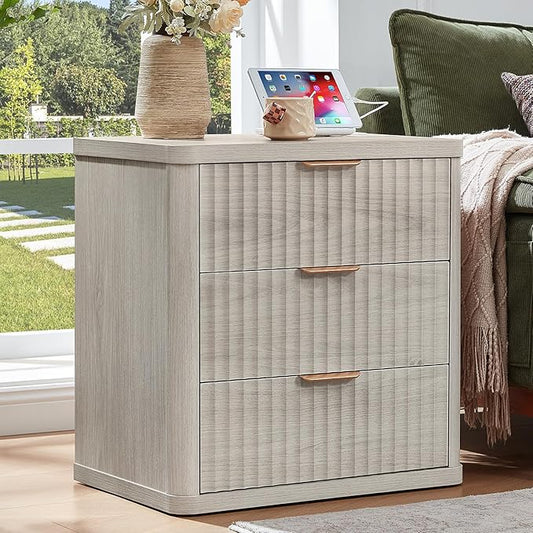 LEYAOYAO Fluted Nightstand with Charging Station, 23" Wide 3 Drawers Night Stand,LightGrey End Table with Open Storage,Farmhouse Bed Side Tables, Wood Dresser for Bedroom, Living Room, Closet