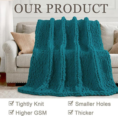 Chunky Knit Throw Blanket 50"X 60", 100% Handmade with Soft Chenille Yarn, 4.4lbs Thick Cable Knitted Blankets, Large Rope Knot Crochet Throws for Couch Sofa Bed Home Decor, Teal