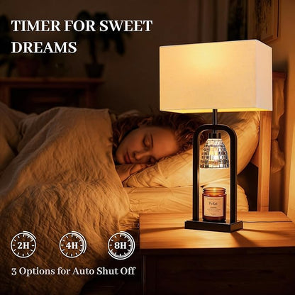 PoKat Table Lamps with Candle Warmer & Timer for Bedroom, Modern Bedside Lamps Set of 2 for Night Stands, 21.5'' Bedroom Lamps Decor for Living Room, Side Table, Hallway, Bulbs Included, Matte Black