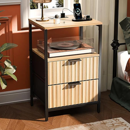 VINGLI Night Stand with Charging Station, Fluted Nightstand Oak with Drawers Fabric, Bed Side Table/End Table for Bedroom, 14.96" W*11.81" D*23.78" H