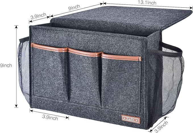 Bedside Caddy, Large Size Storage Organizer with 8 Pockets - Holds Magazines, Remotes, Phone (13.4'' x 18.1'', Dark Grey)