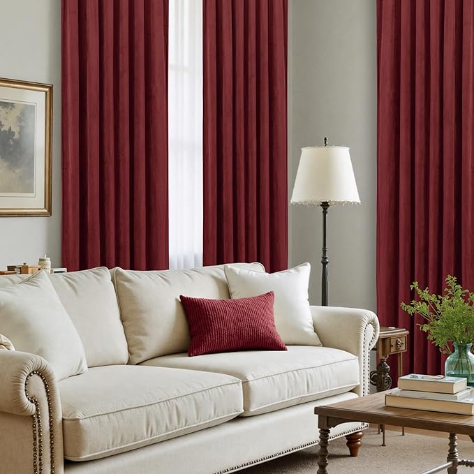 LAMIT Burgundy Red Velvet Curtains 108 Inch for Living Room, Vintage Thermal Insulated Theater Panels Room Darkening Back Tab and Rod Pocket Christmas Drapes for Bedroom, 2 Panels, 52 x 108 Inch