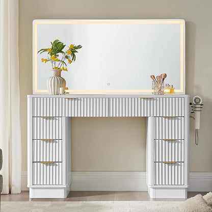 T4TREAM 48" Fluted Makeup Vanity Desk with Large Led Lighted Mirror, Modern Vanity Table with 8 Drawers & Charging Station, Glass Top Dressing Table for Bedroom, White