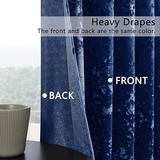 SMILETIME Navy Blue Crushed Velvet Curtains 52x90 inch Luxurious Thermal Insulated Soundproof Drapes for Living Room Bedroom Office Soft and Durable Light-Filtering Window Treatments, 2 Panels