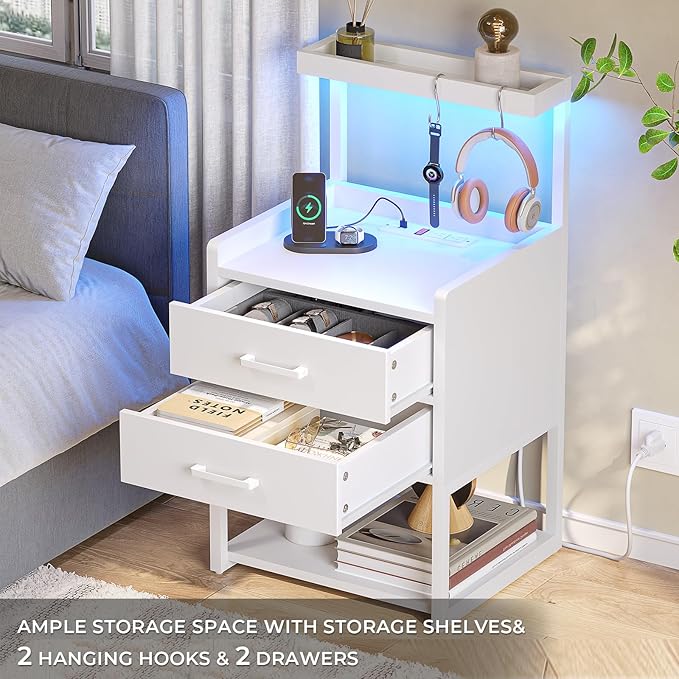 VIAGDO Nightstands Set of 2 with Charging Station, LED Night Stand with 2 Drawers, White Modern Bedside Tables with Open Storage Shelves, End Side Tables for Bedroom, Office