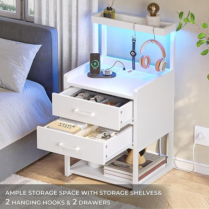 VIAGDO Nightstands Set of 2 with Charging Station, LED Night Stand with 2 Drawers, White Modern Bedside Tables with Open Storage Shelves, End Side Tables for Bedroom, Office