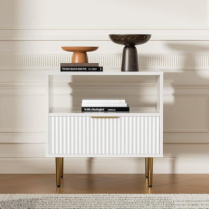 White Nightstand with Drawer, End Table with Storage, Bed Side Table with Open Space for Bedroom, Modern Nightstand with Golden Handle, Side Night Stand for Bedroom, Living Room, White